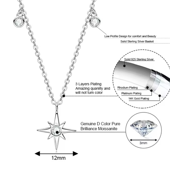 NWOT 1CT Moissanite star necklace, sterling silver, white gold plated 16”- 18” - Picture 2 of 13